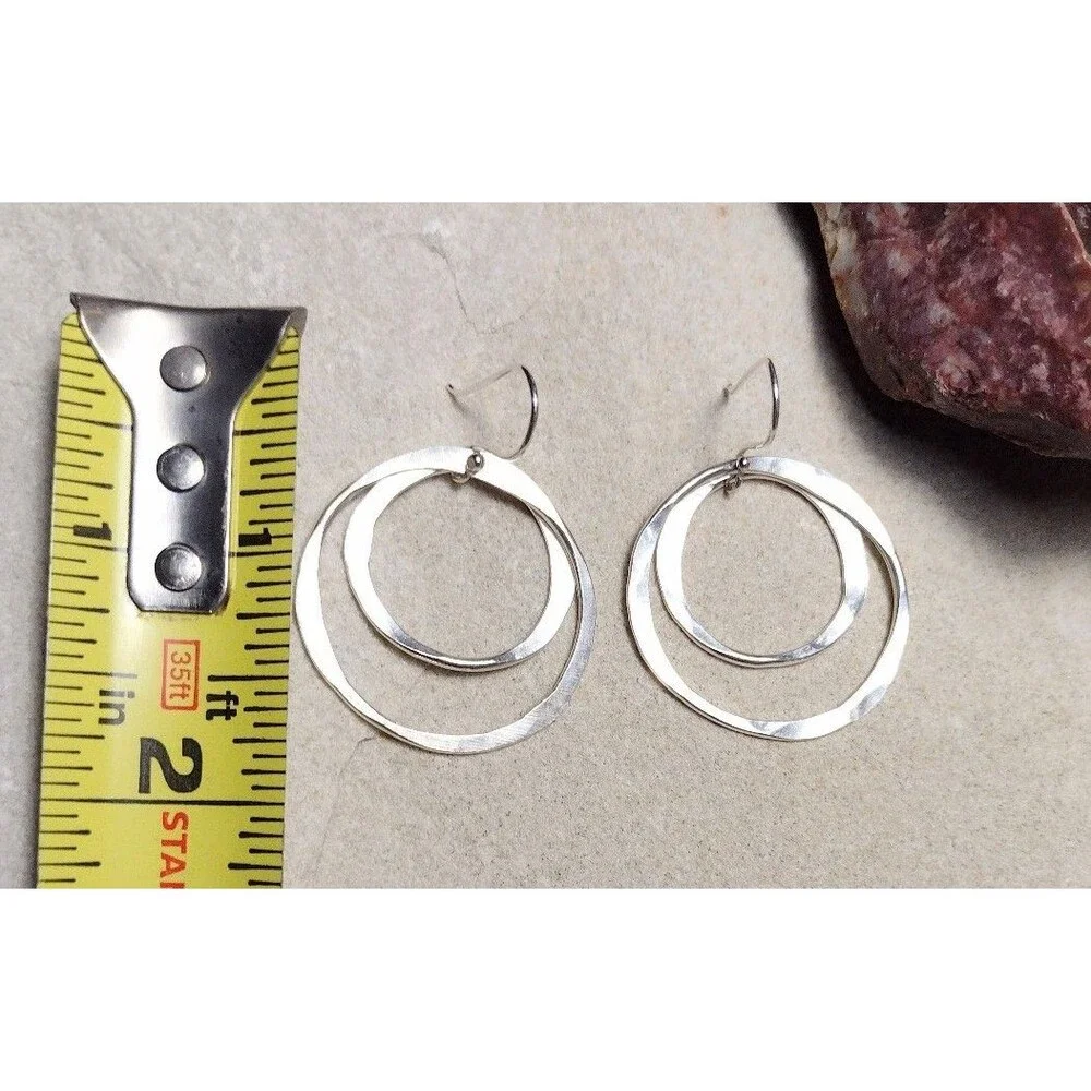Hammered Sterling Silver 925 Double Hoop Circle Dangle Earrings 2